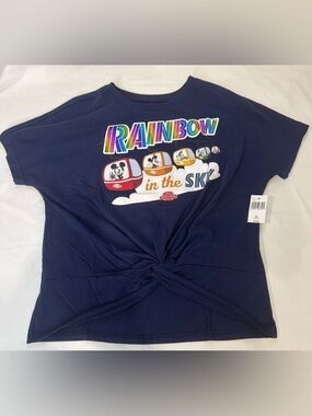 Disney World Women’s Skyliner Top XS Twist Front T Shirt Rainbow In The Sky NWT